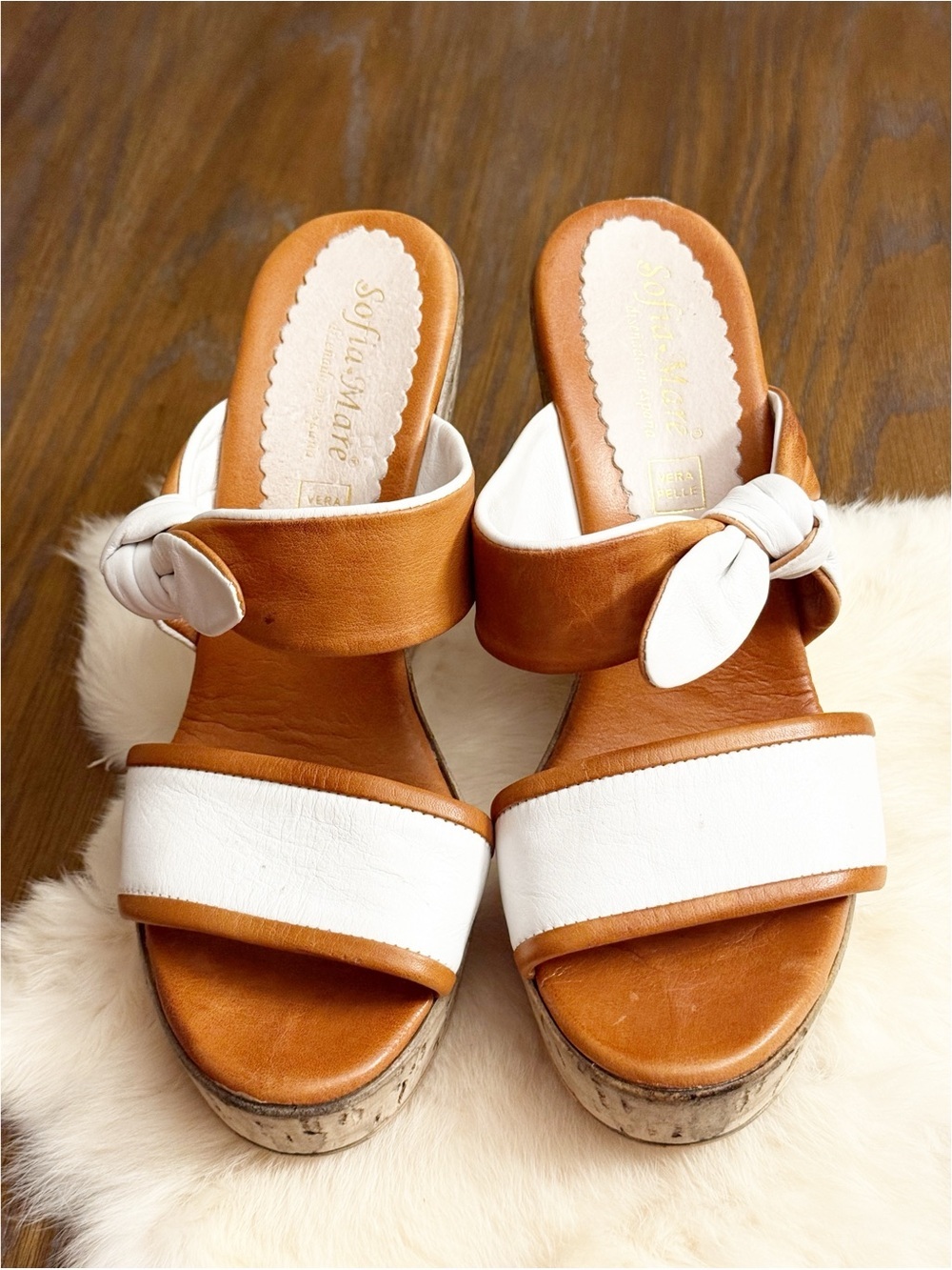 Sofia Mare Italian Leather Cork Wedge Sandals White Tan Bow Size 238 / US 7.5-8